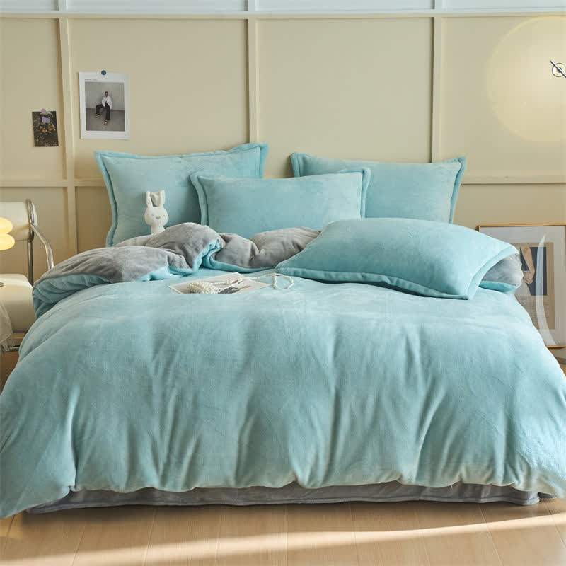 Set di biancheria da letto semplice reversibile in peluche - Azzurro cielo e grigio - Set di biancheria da letto - Matrimoniale Grande - image 7