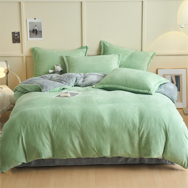 Set di biancheria da letto semplice reversibile in peluche - Verde chiaro e grigio - Set di biancheria da letto - Matrimoniale Grande - image 5