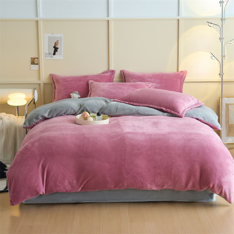 Set di biancheria da letto semplice reversibile in peluche - Rosa scuro e grigio - Set di biancheria da letto - Matrimoniale Grande - image 8