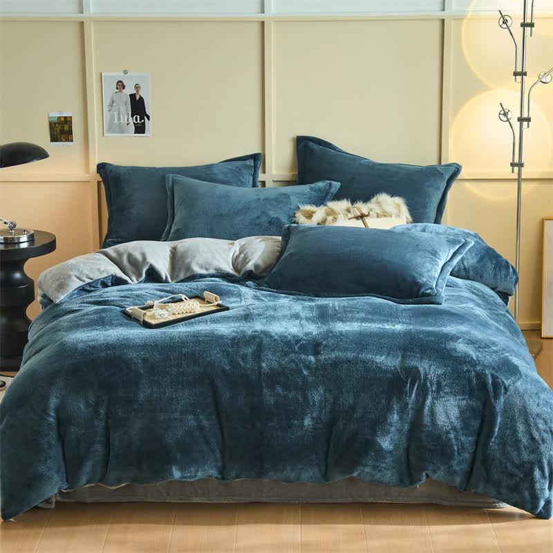 Set di biancheria da letto semplice reversibile in peluche - Blu navy e grigio - Set di biancheria da letto - Matrimoniale Grande - image 10