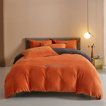 Set di biancheria da letto in peluche ricamato Happiness (4 pezzi) - Arancia - Matrimoniale Grande - image 0