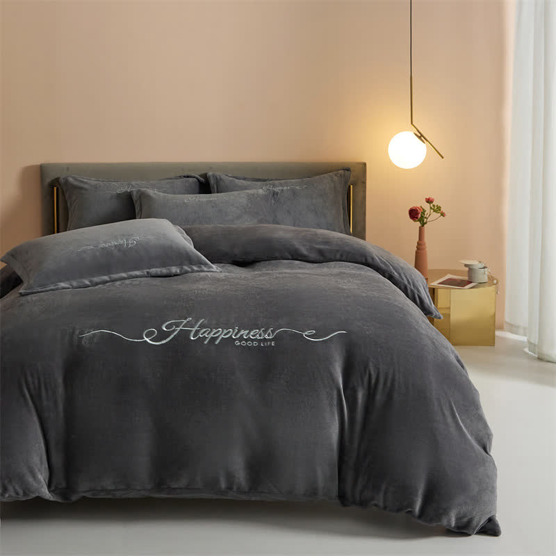 Set di biancheria da letto in peluche ricamato Happiness (4 pezzi) - Grigio scuro - Matrimoniale Grande - image 13