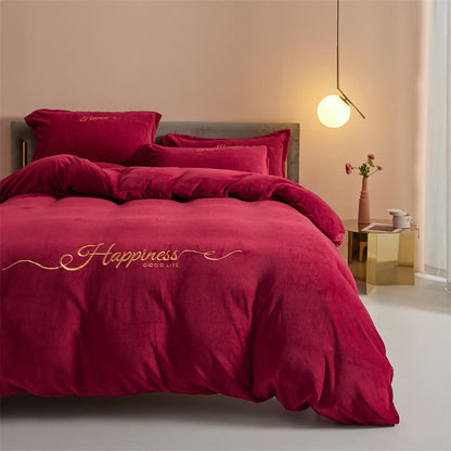 Set di biancheria da letto in peluche ricamato Happiness (4 pezzi) - Vino - Matrimoniale Grande - image 7