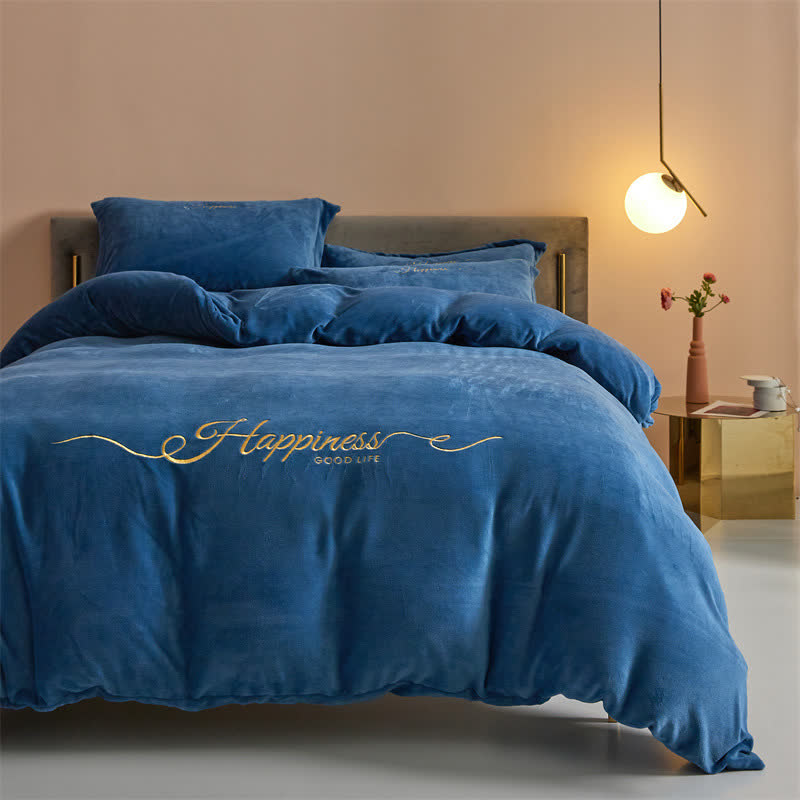 Set di biancheria da letto in peluche ricamato Happiness (4 pezzi) - Blu scuro - Matrimoniale Grande - image 11