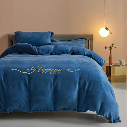 Set di biancheria da letto in peluche ricamato Happiness (4 pezzi) - Blu scuro - Matrimoniale Grande - image 11