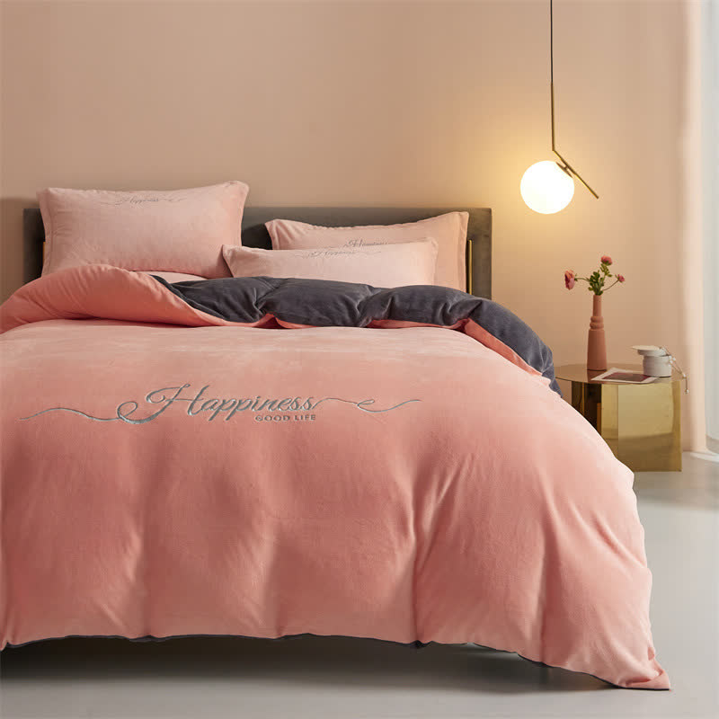 Set di biancheria da letto in peluche ricamato Happiness (4 pezzi) - Rosa e grigio - Matrimoniale Grande - image 17