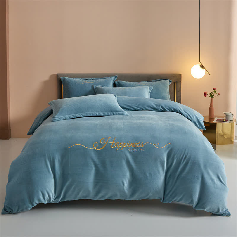 Set di biancheria da letto in peluche ricamato Happiness (4 pezzi) - Verde chiaro - Matrimoniale Grande - image 9