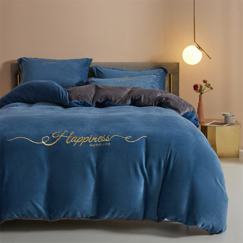 Set di biancheria da letto in peluche ricamato Happiness (4 pezzi) - Blu e grigio - Matrimoniale Grande - image 15
