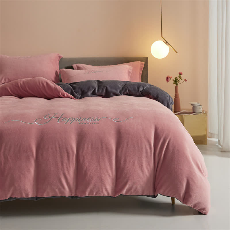 Set di biancheria da letto in peluche ricamato Happiness (4 pezzi) - Rosa scuro e grigio - Matrimoniale Grande - image 20