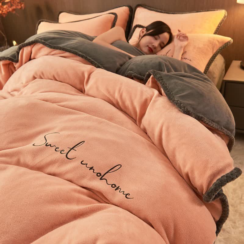 Set di biancheria da letto in peluche stampato Sweet Home (4 pezzi) - Champagne - Matrimoniale Grande - image 8