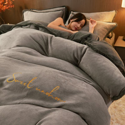 Set di biancheria da letto in peluche stampato Sweet Home (4 pezzi) - Grigio chiaro - Matrimoniale Grande - image 11