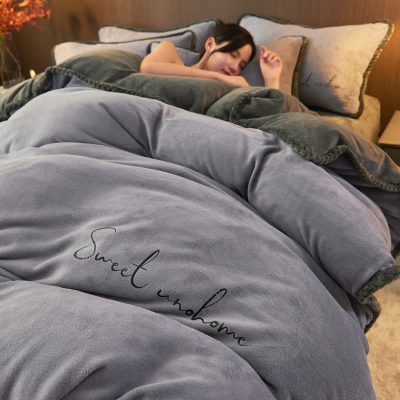 Set di biancheria da letto in peluche stampato Sweet Home (4 pezzi) - Grigio blu - Matrimoniale Grande - image 10