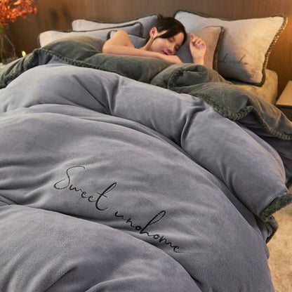 Set di biancheria da letto in peluche stampato Sweet Home (4 pezzi) - Grigio blu - Matrimoniale Grande - image 10
