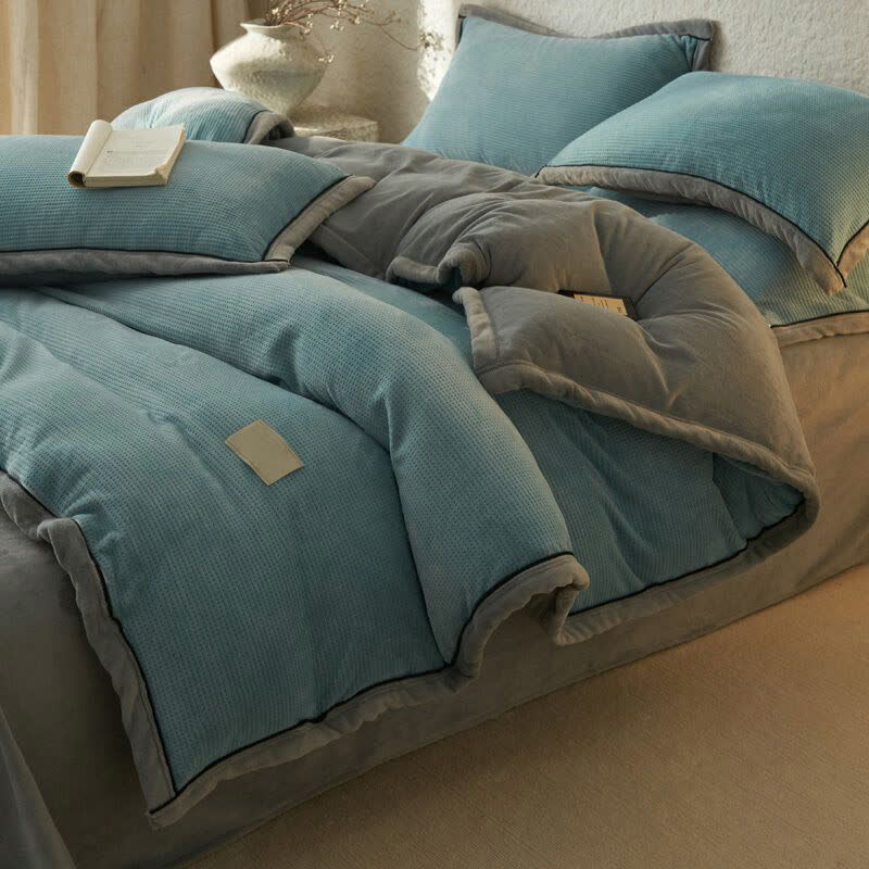 Set di biancheria da letto reversibile in peluche con trama a nido d'ape (4 pezzi) - Blu - Matrimoniale Grande - image 2