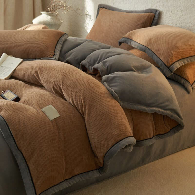 Set di biancheria da letto reversibile in peluche con trama a nido d'ape (4 pezzi) - Caffè - Matrimoniale Grande - image 15