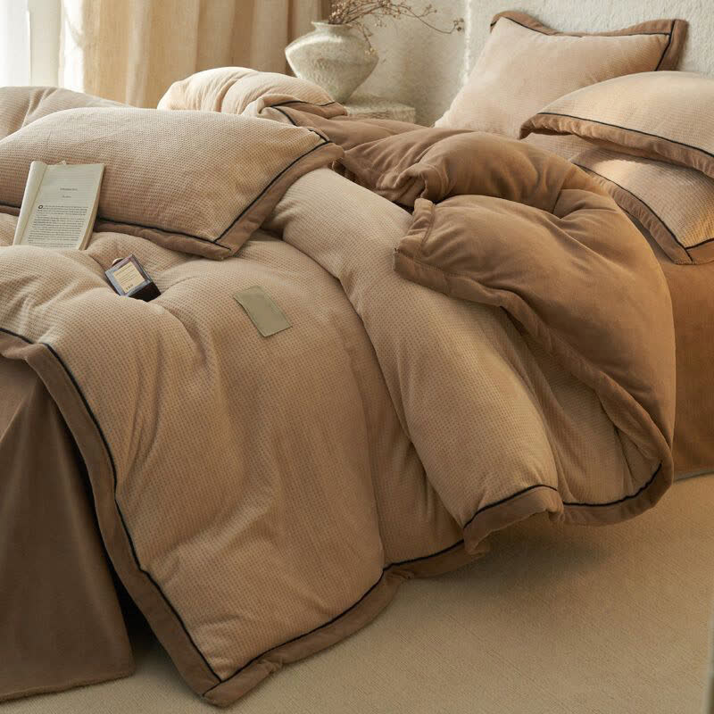 Set di biancheria da letto reversibile in peluche con trama a nido d'ape (4 pezzi) - Cammello - Matrimoniale Grande - image 13