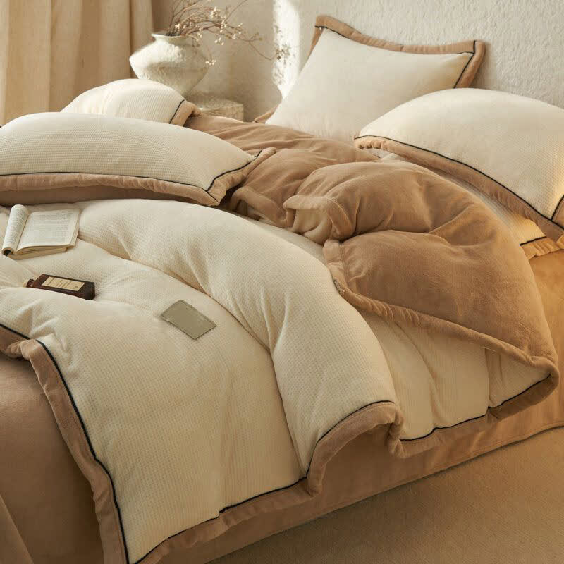 Set di biancheria da letto reversibile in peluche con trama a nido d'ape (4 pezzi) - Beige - Matrimoniale Grande - image 7