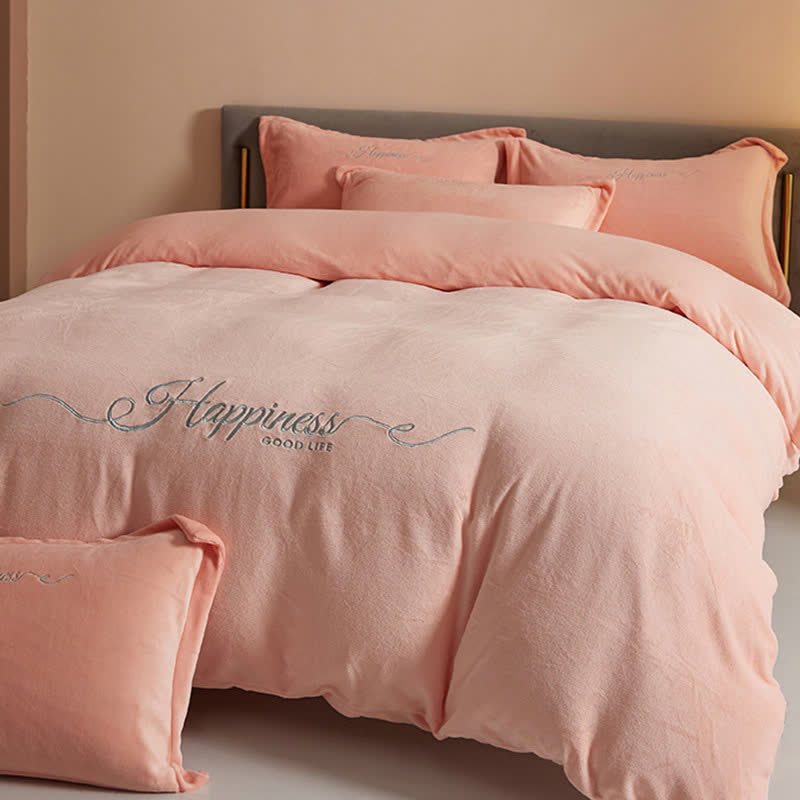 Set di biancheria da letto in peluche ricamato Happiness (4 pezzi) - Rosa - Matrimoniale Grande - image 6