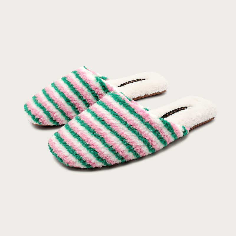 Pantofole calde a righe in peluche - Verde e rosa - L - image 6