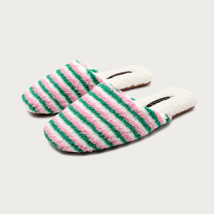 Pantofole calde a righe in peluche - Verde e rosa - L - image 6
