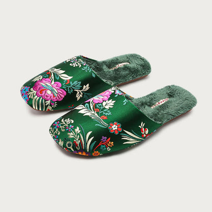 Pantofole da casa in peluche con ricami floreali retrò - Verde - L - image 3
