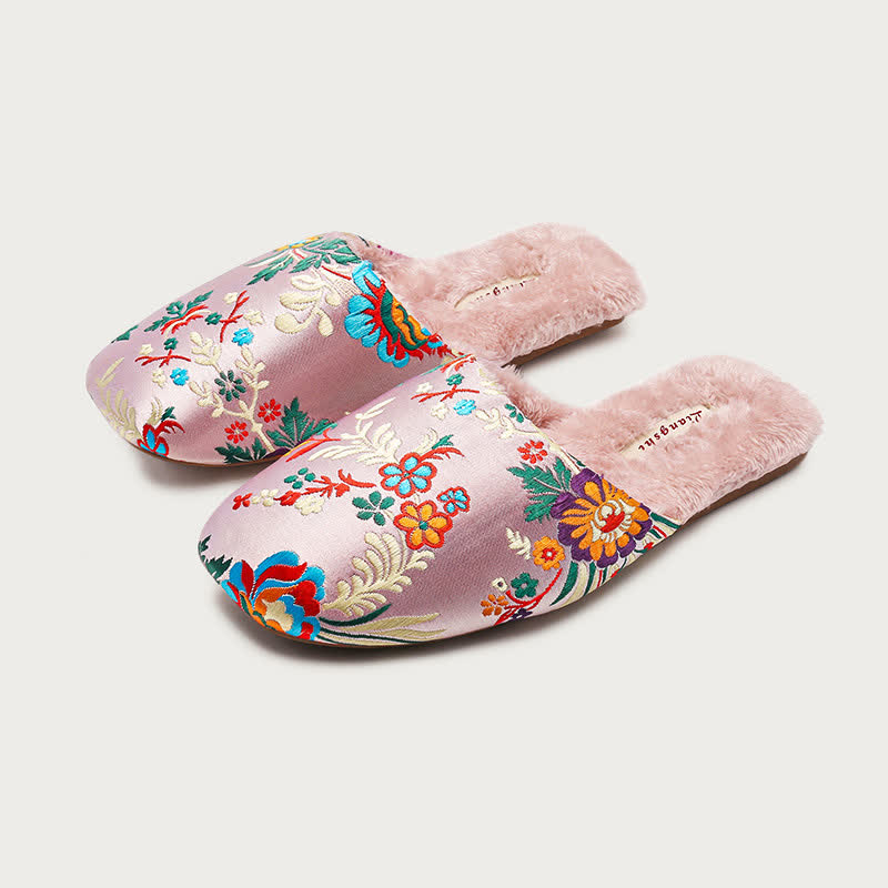 Pantofole da casa in peluche con ricami floreali retrò - Rosa - L - image 9