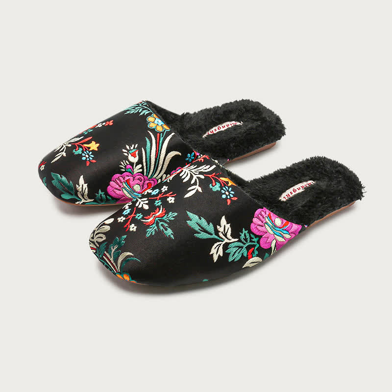 Pantofole da casa in peluche con ricami floreali retrò - Nero - L - image 7