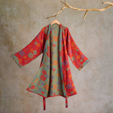 Kimono in garza di cotone con motivo a rose romantiche - Rosso - XL - image 0
