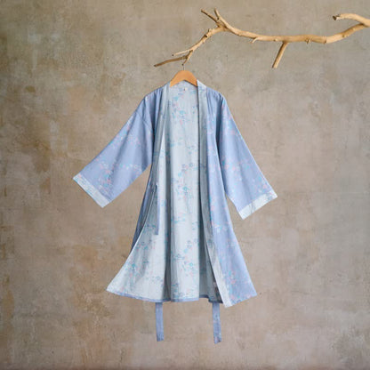 Grazioso kimono in garza di cotone con fiori di prugna - Blu - L - image 0