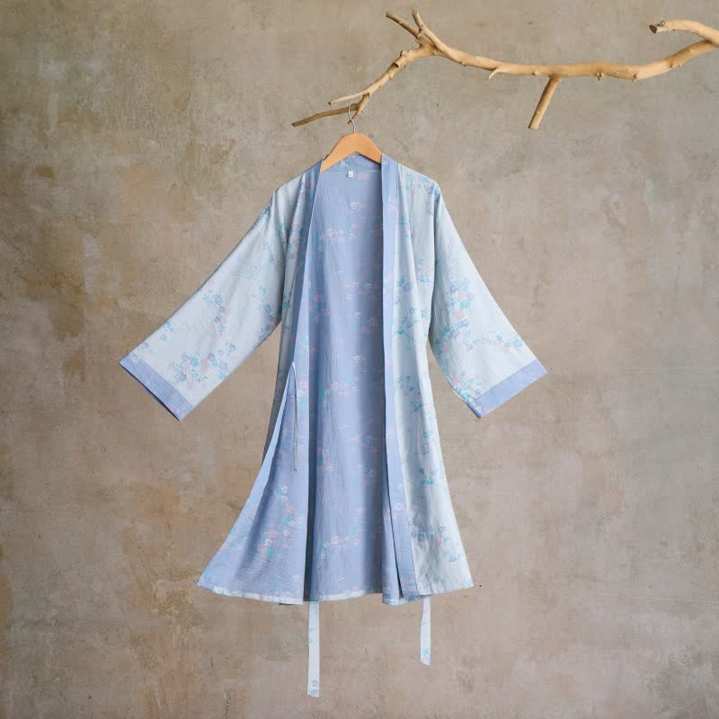Grazioso kimono in garza di cotone con fiori di prugna - Azzurro chiaro - L - image 6