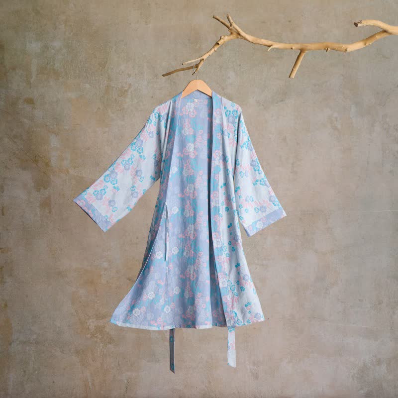 Grazioso kimono in garza di cotone floreale - Azzurro chiaro - L - image 6