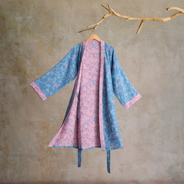Elegante vestaglia kimono in garza di cotone con farfalla floreale - Blu - L - image 0