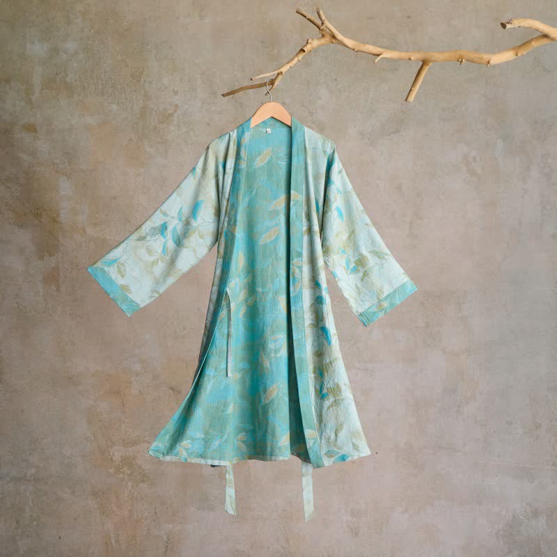 Kimono in garza di cotone con foglie naturali - Verde chiaro - L - image 6
