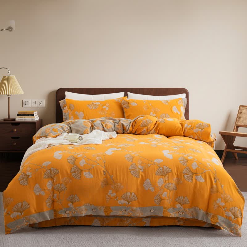 Set di biancheria da letto in garza di cotone con foglie di ginkgo (4 pezzi) - Arancione e grigio - Matrimoniale Grande - image 30