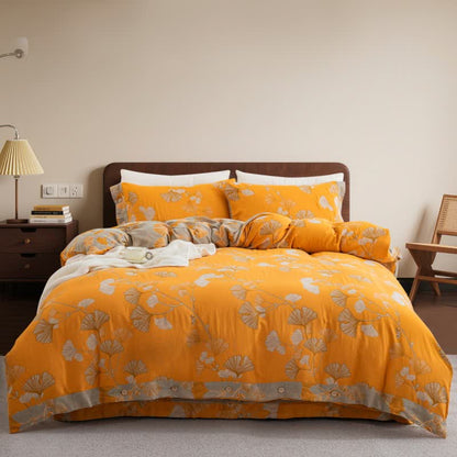 Set di biancheria da letto in garza di cotone con foglie di ginkgo (4 pezzi) - Arancione e grigio - Matrimoniale Grande - image 30
