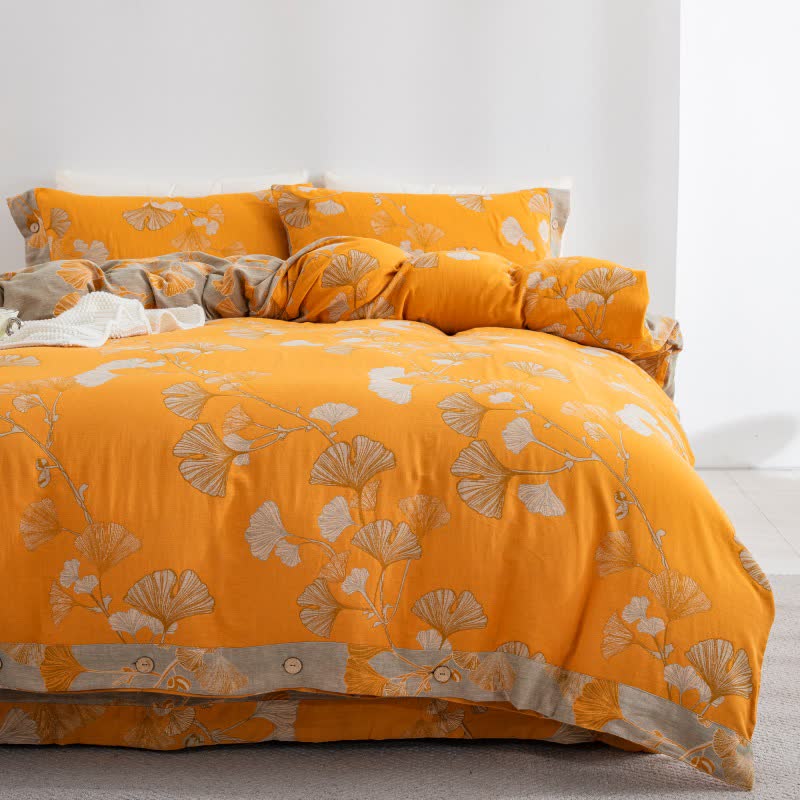 Set di biancheria da letto in garza di cotone con foglie di ginkgo (4 pezzi) - image 31