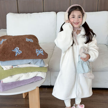 Semplice accappatoio per bambini con cappuccio e cerniera in peluche - Bianco - Bambino: 170 cm - image 0