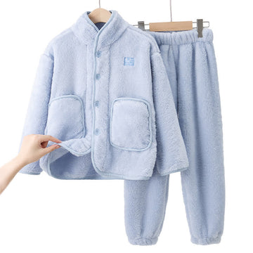 Completo da notte in peluche per bambini con bottoni solidi - Blu - Bambino: 170 cm - image 0