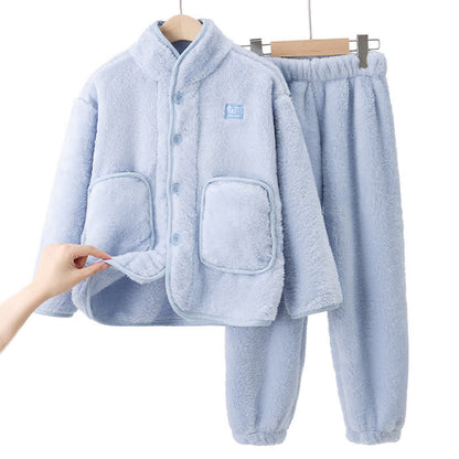 Completo da notte in peluche per bambini con bottoni solidi - Blu - Bambino: 170 cm - image 0