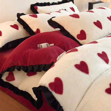 Set di biancheria da letto in peluche con stampa a cuore e romantiche balze (4 pezzi) - Rosso - Matrimoniale Grande - image 0