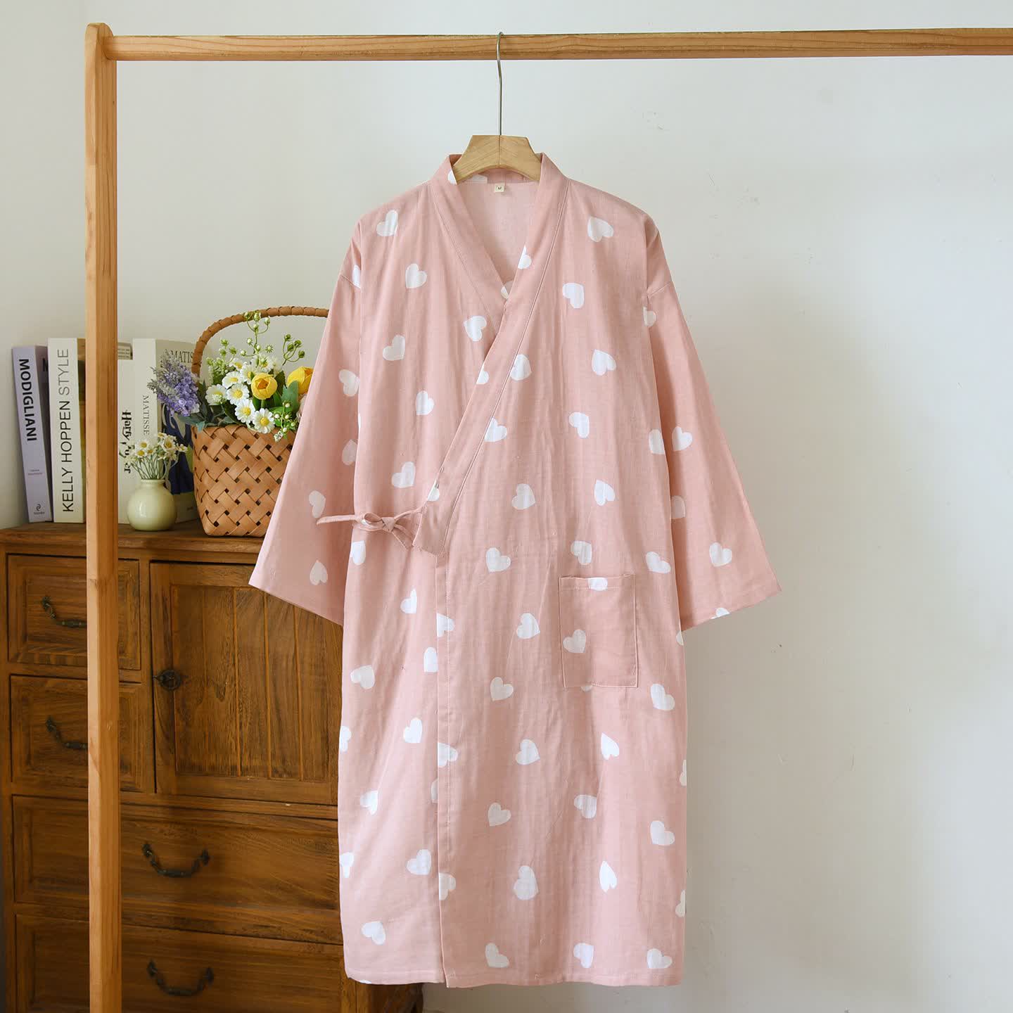 Accappatoio Kimono in Garza di Cotone a Cuore - Rosa - L - image 2