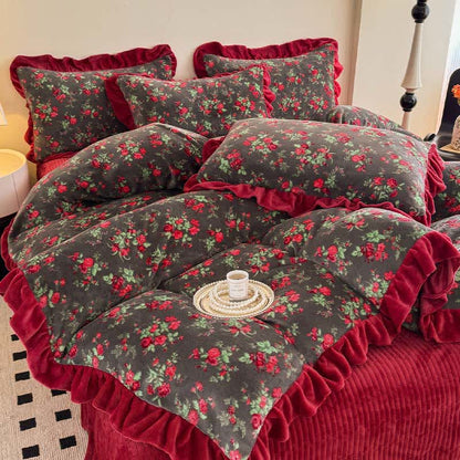 Biancheria da letto con volant in velluto floreale rosa vintage - image 4