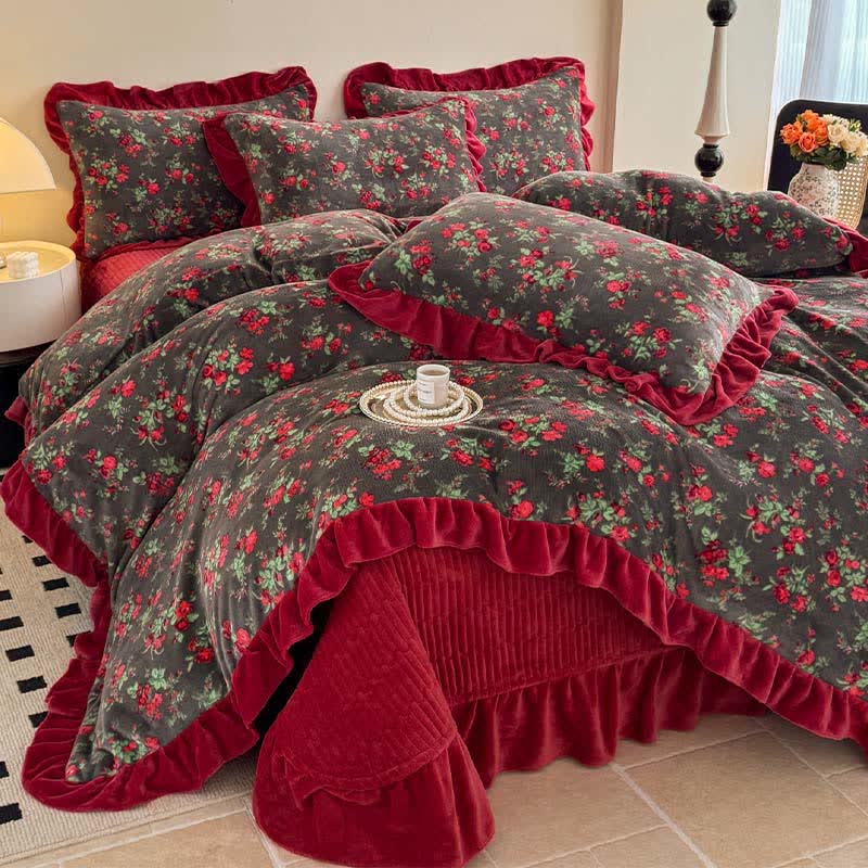 Biancheria da letto con volant in velluto floreale rosa vintage - image 2