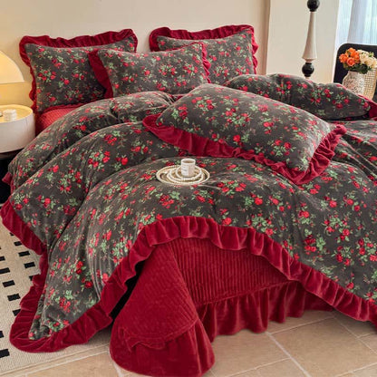 Biancheria da letto con volant in velluto floreale rosa vintage - image 2