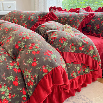 Biancheria da letto con volant in velluto floreale rosa vintage - Set di biancheria da letto (4 pezzi) - Matrimoniale Grande - image 0