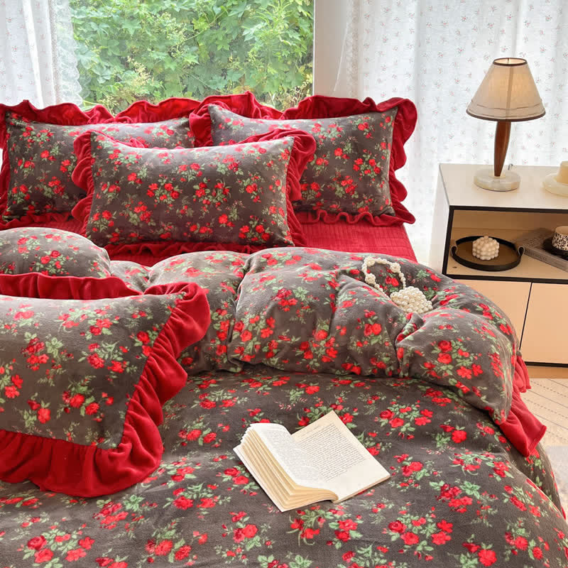 Biancheria da letto con volant in velluto floreale rosa vintage - image 3