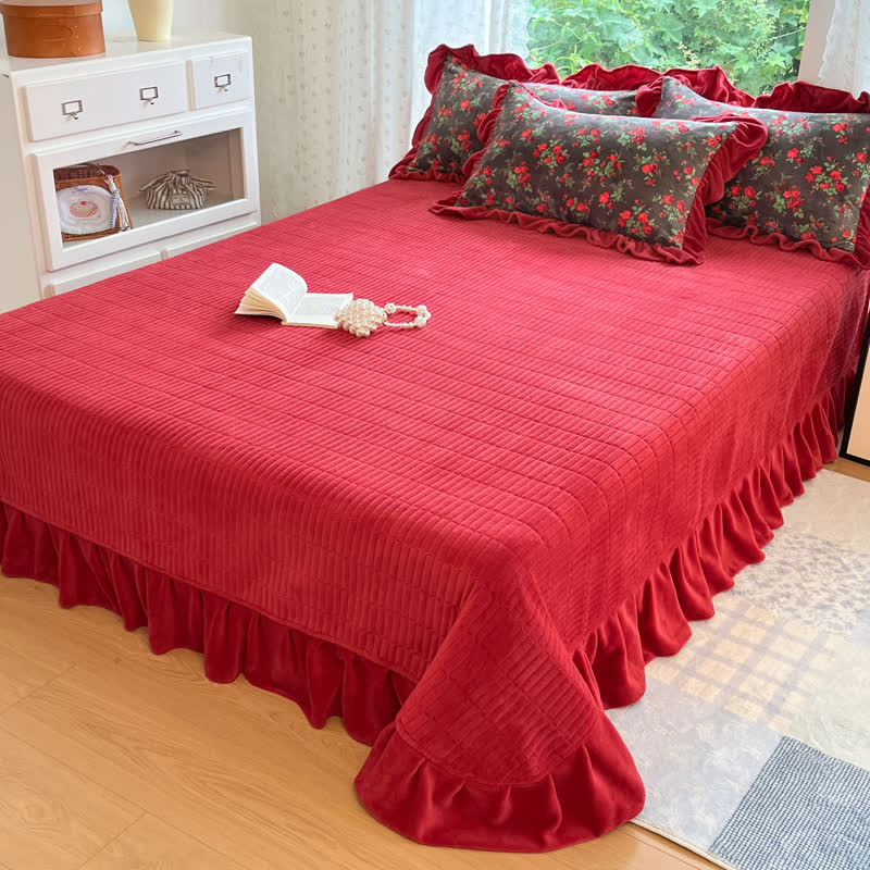 Biancheria da letto con volant in velluto floreale rosa vintage - Gonna da letto con 2 federe - Matrimoniale Grande - image 5