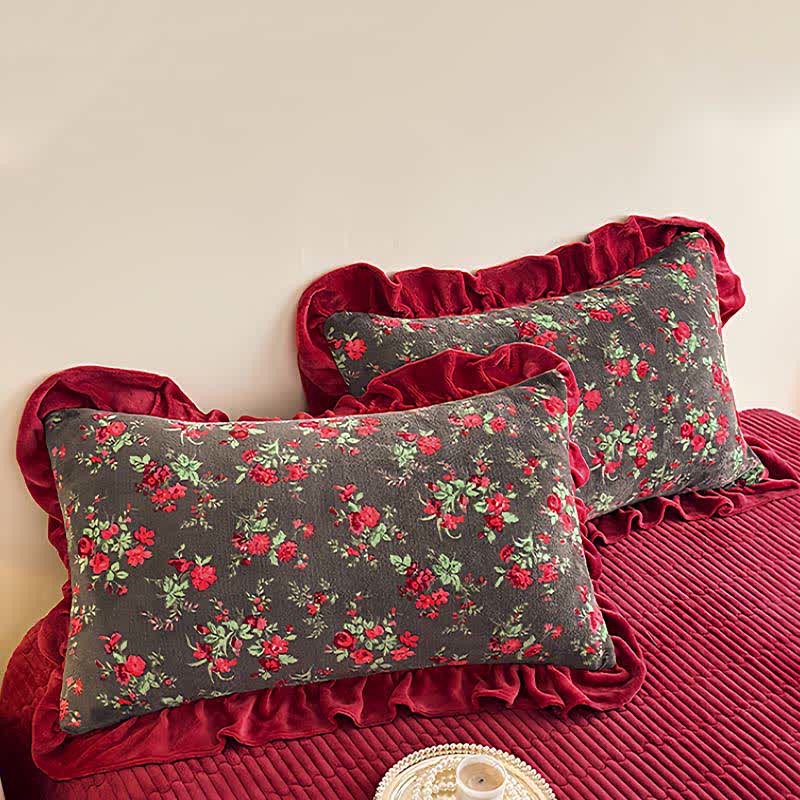 Biancheria da letto con volant in velluto floreale rosa vintage - image 6