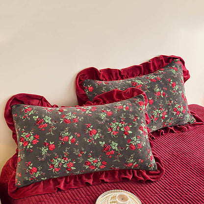 Biancheria da letto con volant in velluto floreale rosa vintage - image 6