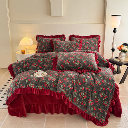 Biancheria da letto con volant in velluto floreale rosa vintage - image 1